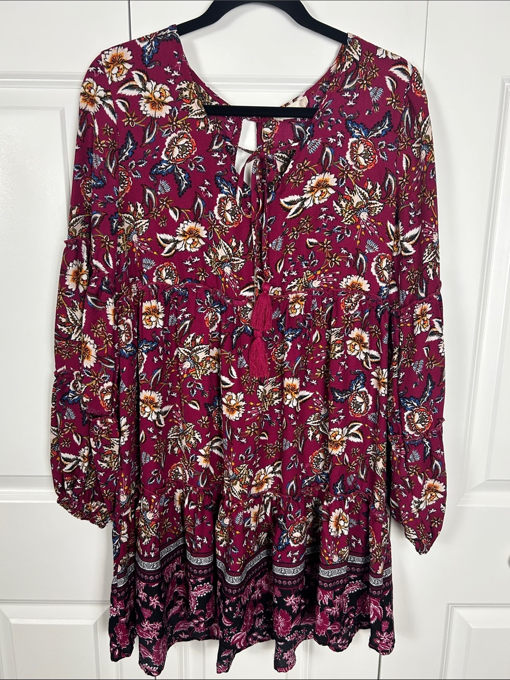 Altar’d State Floral Tie-Front Peasant Dress in Burgundy Size Medium